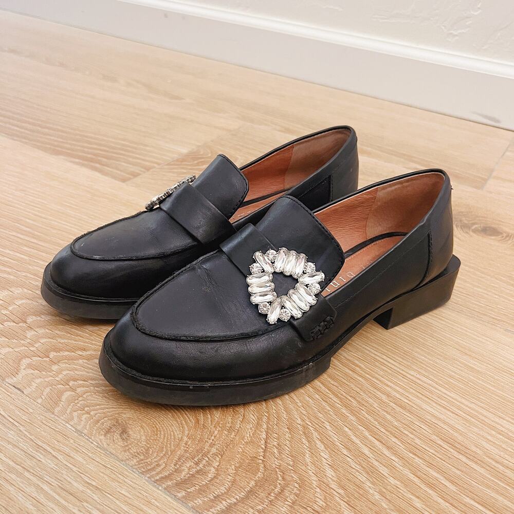 EUC Gianni Bini Black Square Block Heel Rhinestone Leather Loafers